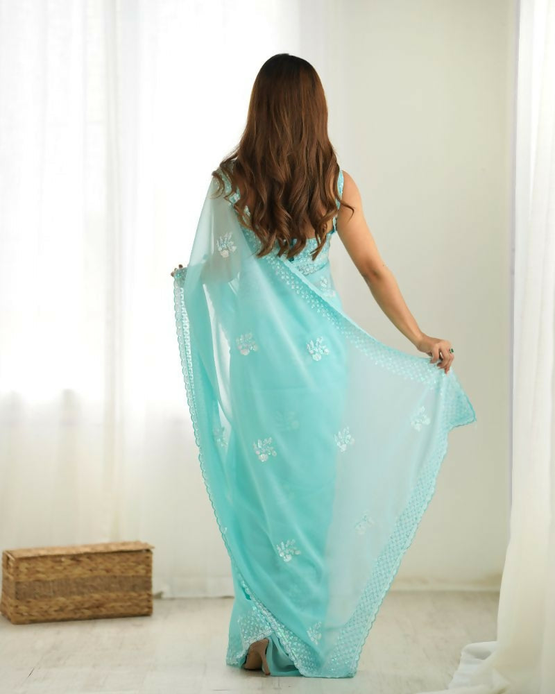 Attractive Looking Georgette Thread, Sequance Embroidery Work Party Wear Saree - Sky Blue