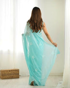 Attractive Looking Georgette Thread, Sequance Embroidery Work Party Wear Saree - Sky Blue