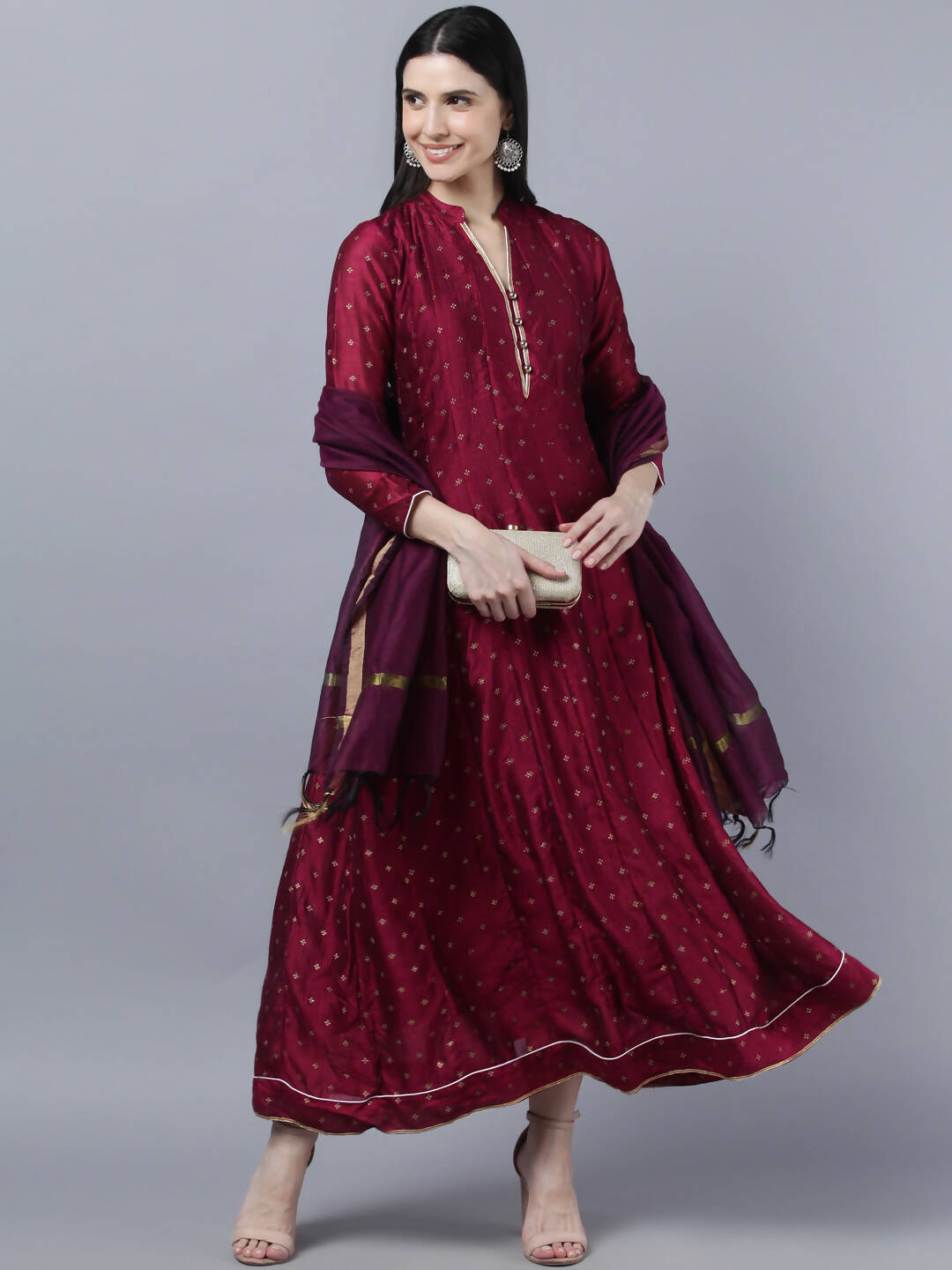 Myshka Women Brown Gold-Toned Anarkali Kurta With Dupatta - Distacart
