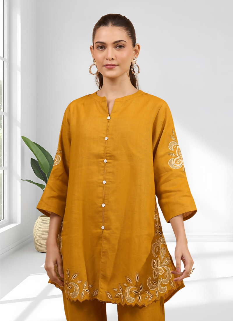 Joban Fashion Yellow Cotton, Linen Embroidered Readymade Cord Set - Distacart