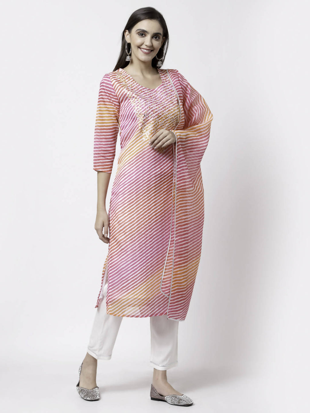Myshka Pink Pure Cotton Printed 3/4 Sleeve Round Neck Kurta Pant Dupatta Set