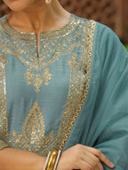 Janasya Light Blue Silk Blend Solid Kurta,Bottom & Dupatta
