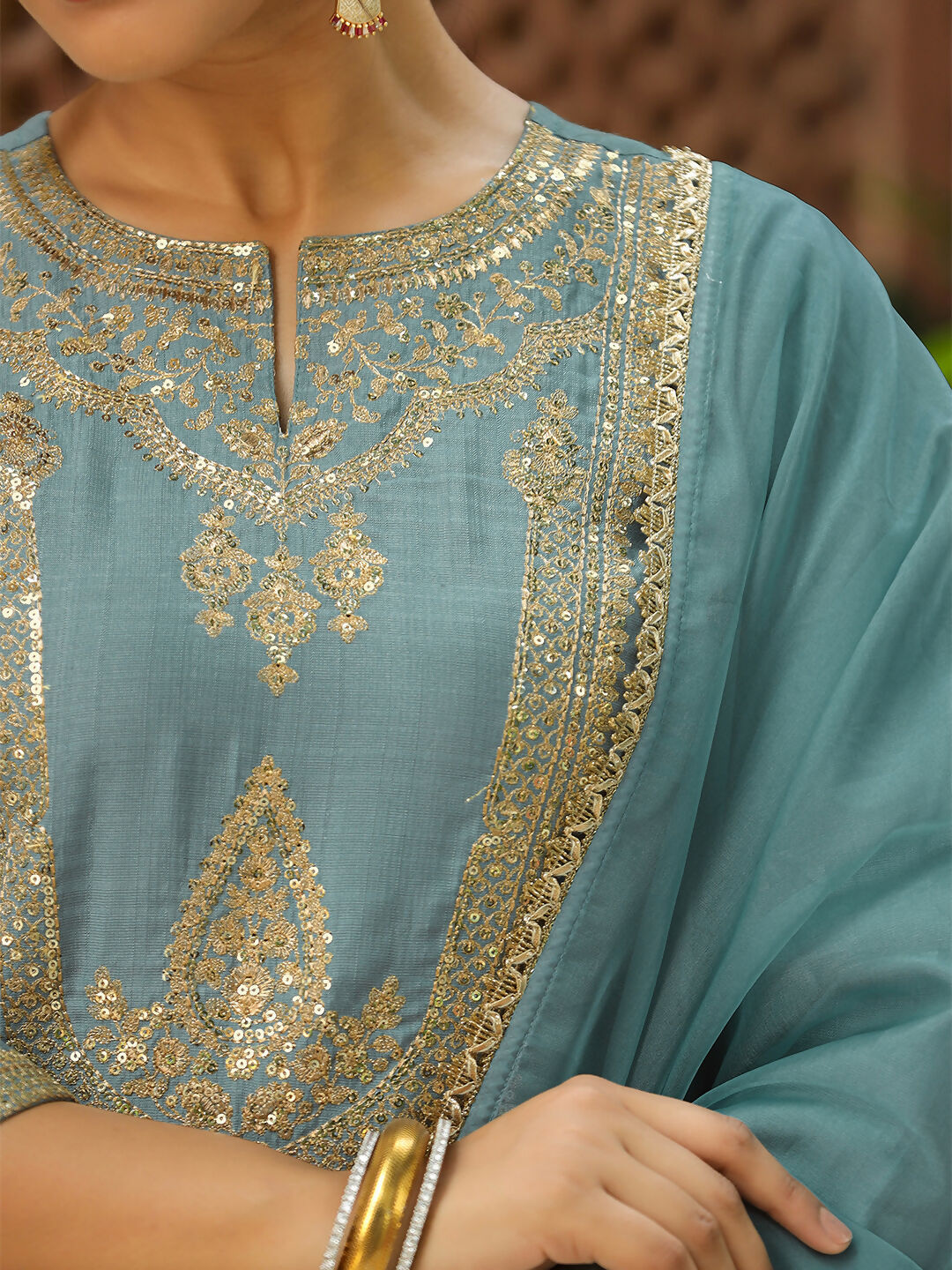 Janasya Light Blue Silk Blend Solid Kurta,Bottom & Dupatta