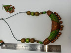 Terracotta Light Green and Gold Tribal Theme Necklace Set with Ear Hangings