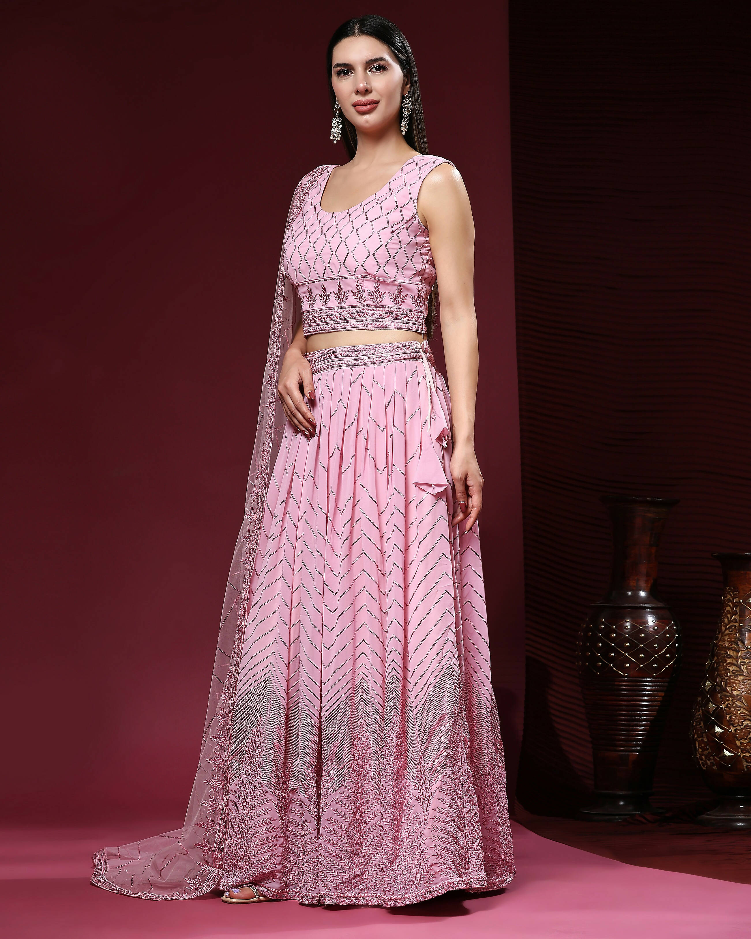 Pink Pure Viscose Georgette Sequence Embroidery work Lehenga Choli with Dupatta - Aakriti