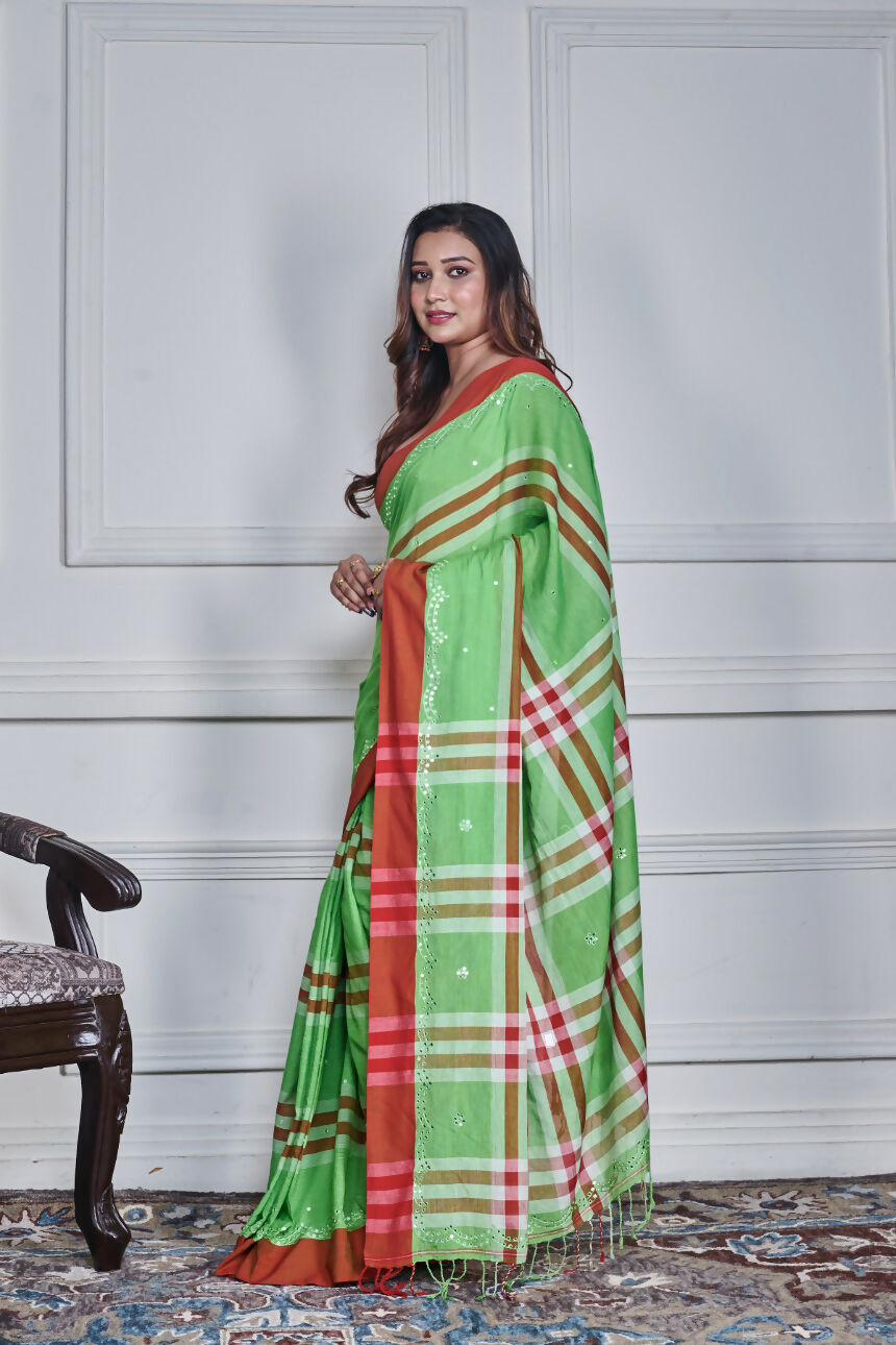 Morchari Green Cotton Handloom Mirror Work Saree Unstitched Blouse - Distacart