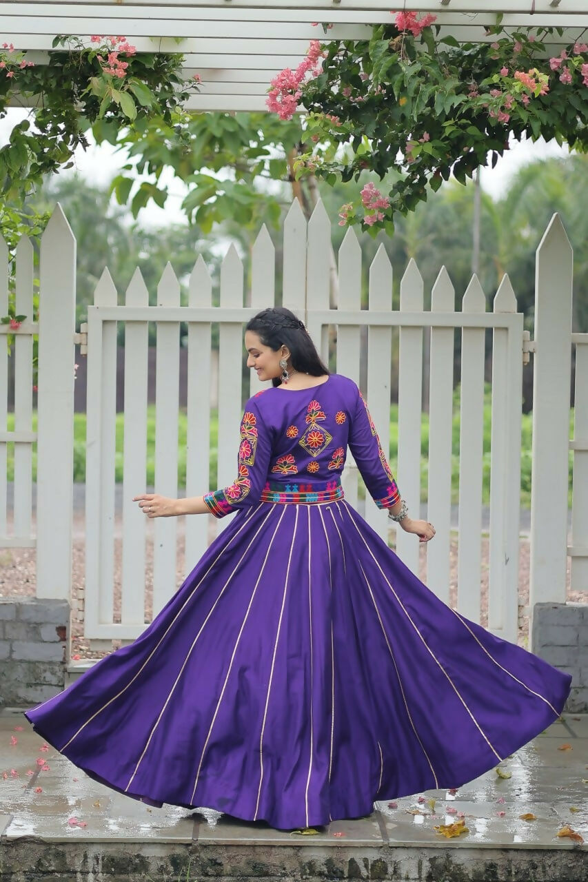 Teeya Creation Purple Colour Roman Silk With Gamathi Work Navratri Lehenga Choli