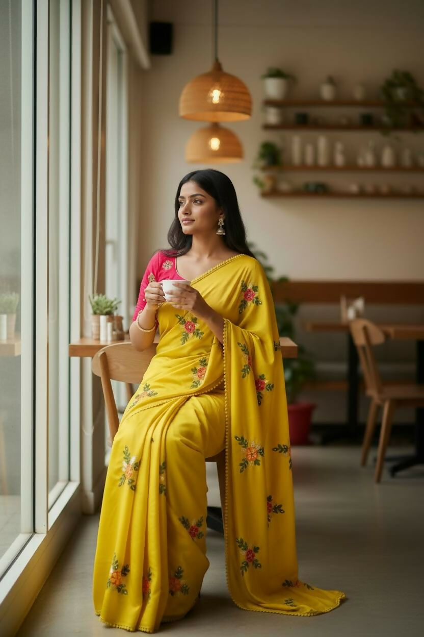 Teeya Creation Yellow Rangoli Silk Embroidery Work Party Wear Designer Saree - Distacart