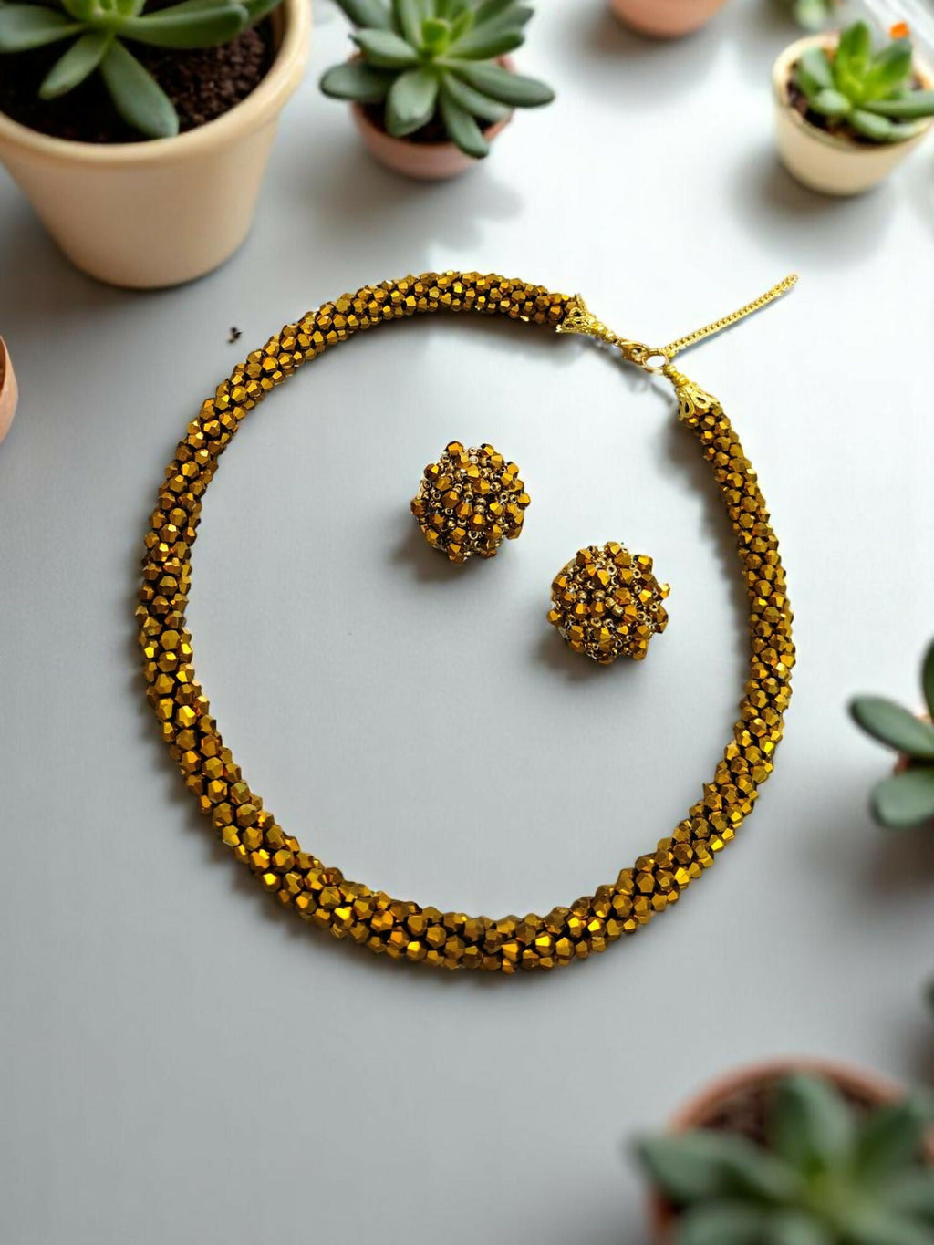 Inhanns Noor-E-Jalwa – Handmade Crystal Bead Necklace / Necklace With Earrings -Adjustable - Golden