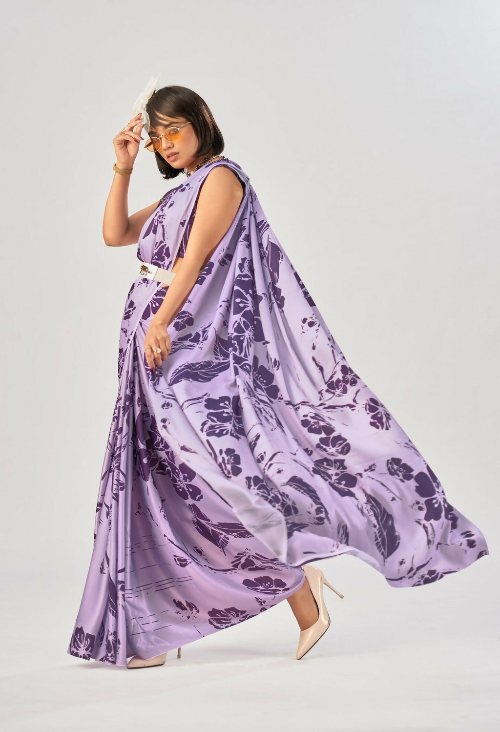 Vastranavya Lavender Satin Silk Elegant Printed Saree with Unstitched Blouse - Distacart