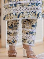 Yufta Beige Leaf Print Straight Pakistani Style Kurta Trouser And Dupatta Set