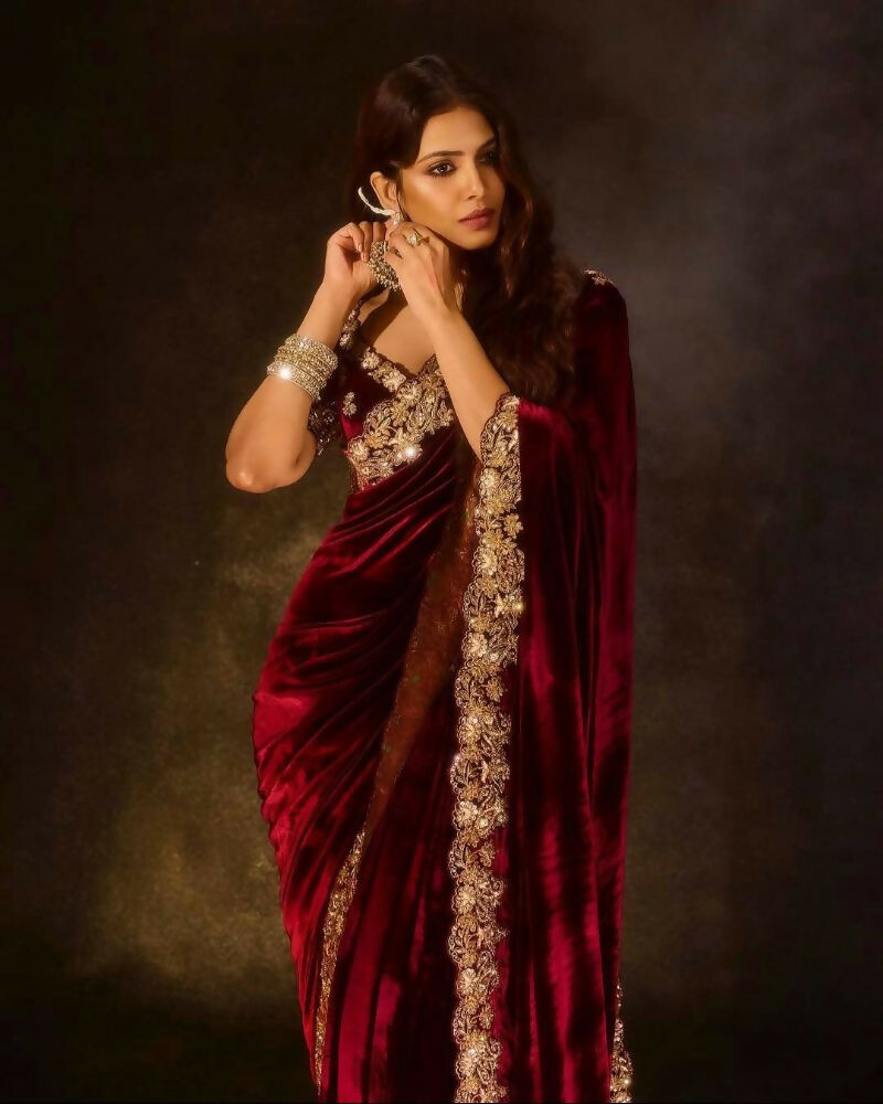 Joban Fashion Maroon 9000 Velvet Party Wear Sarees - Distacart