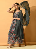 Myshka Women's Grey Festive Flared Anarkali Kurta With Dupatta sets