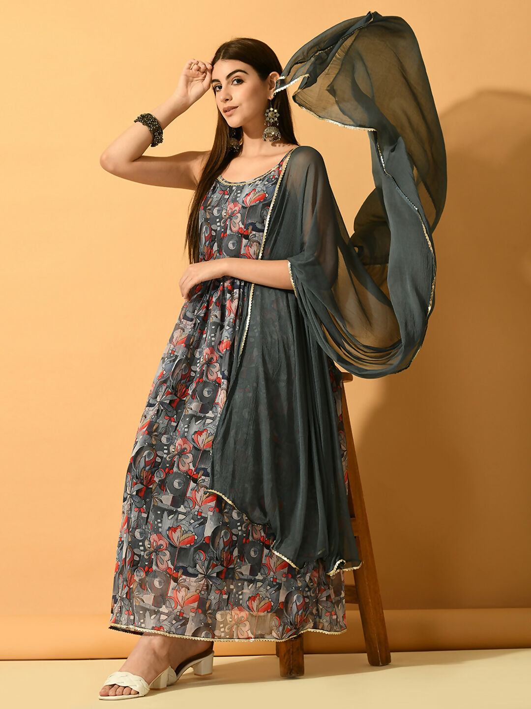 Myshka Women's Grey Festive Flared Anarkali Kurta With Dupatta sets