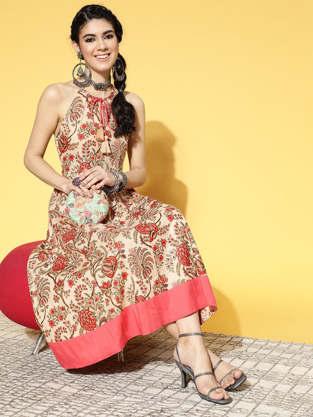 Yufta Beige & Pink Mugal Jaal Dress - Distacart
