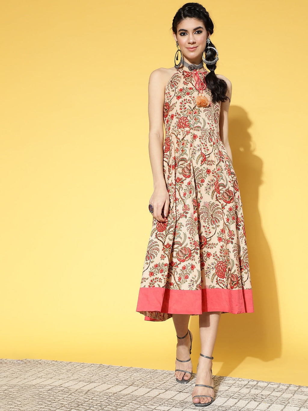 Yufta Beige & Pink Mugal Jaal Dress - Distacart