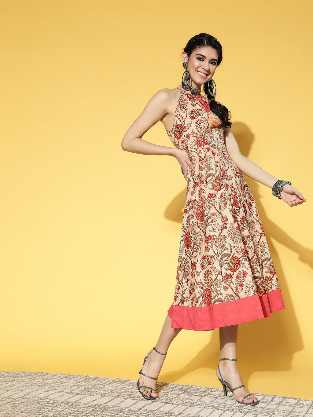 Yufta Beige & Pink Mugal Jaal Dress - Distacart