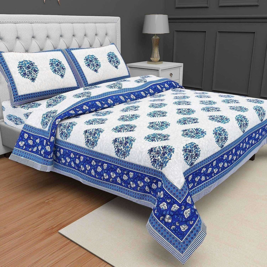Queen Size 230x270 Cms Jaipuri Hand Block Printed Traditional 144TC Cotton Bedsheet with 2 Pillow Covers
