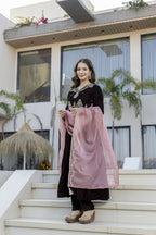 The52 Women's Beautiful Velvet Fabric Embroidery Work Flared Anarkali Pant and Dupatta Set - Distacart