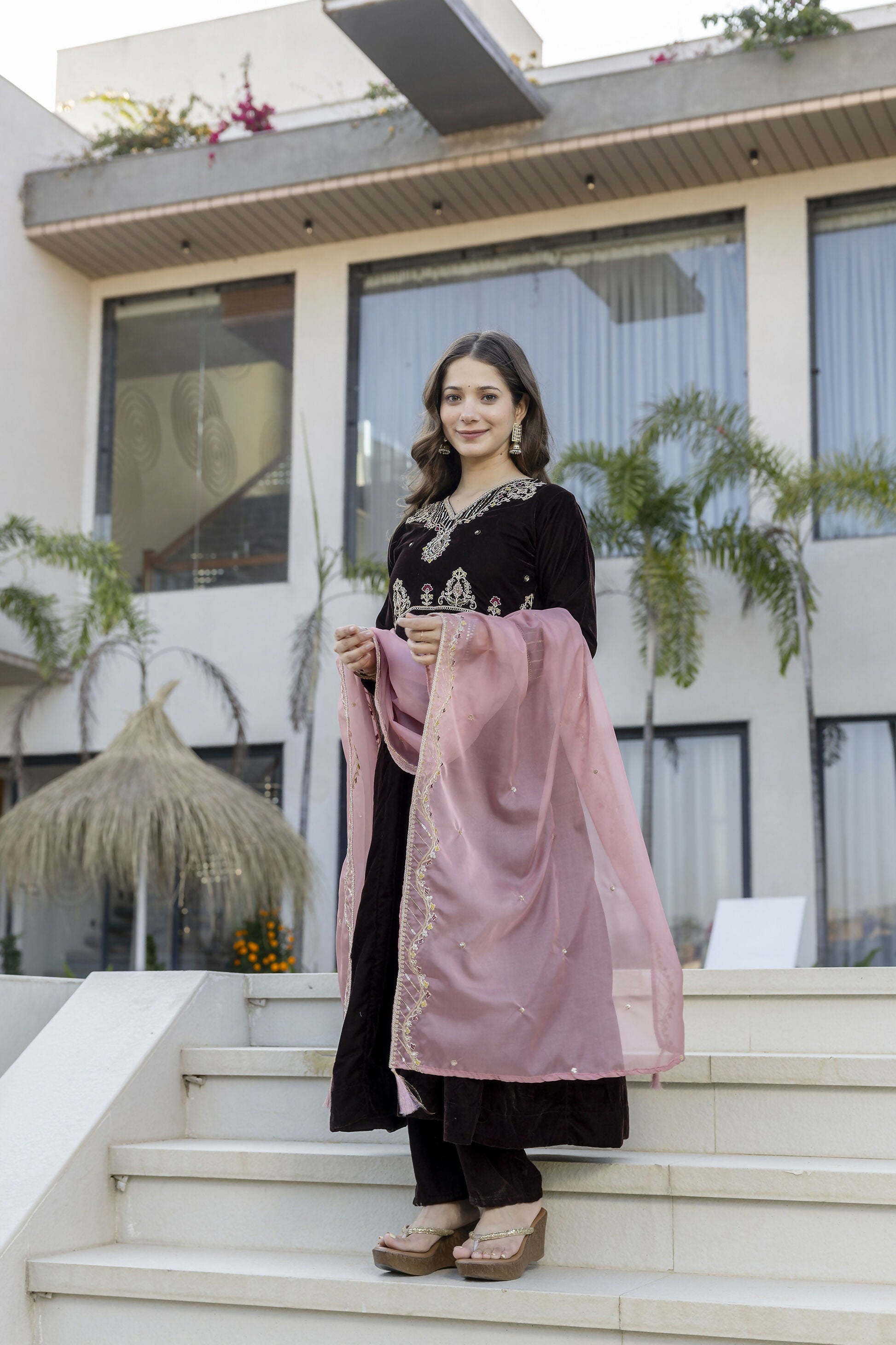 The52 Women's Beautiful Velvet Fabric Embroidery Work Flared Anarkali Pant and Dupatta Set - Distacart