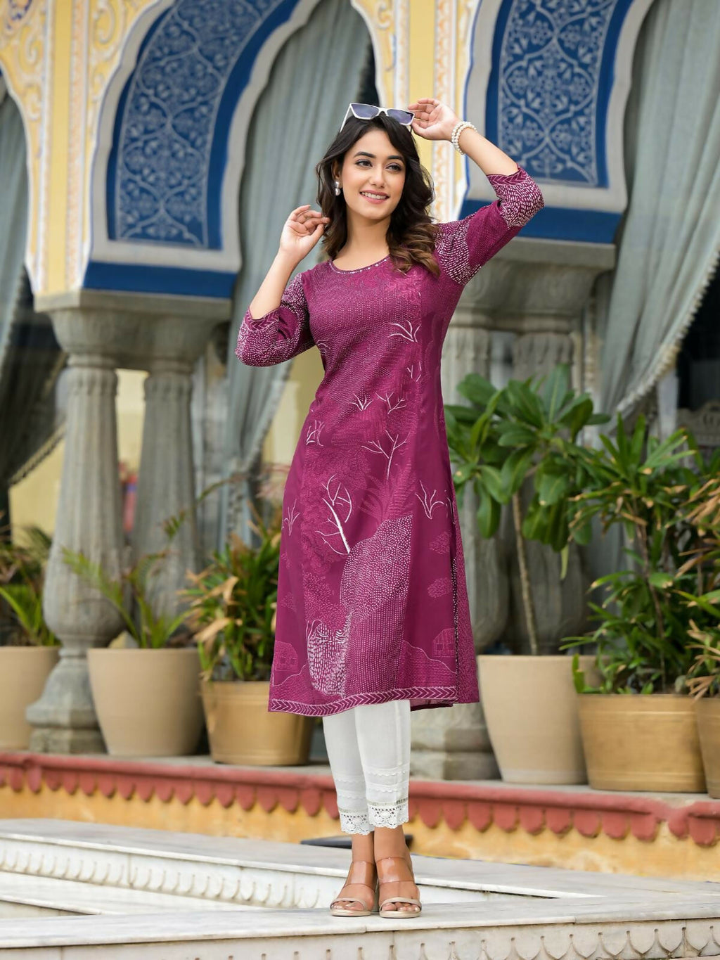 Juniper Women's Wine Beautiful Printed Liva Rayon A-Lined Kurta For Women