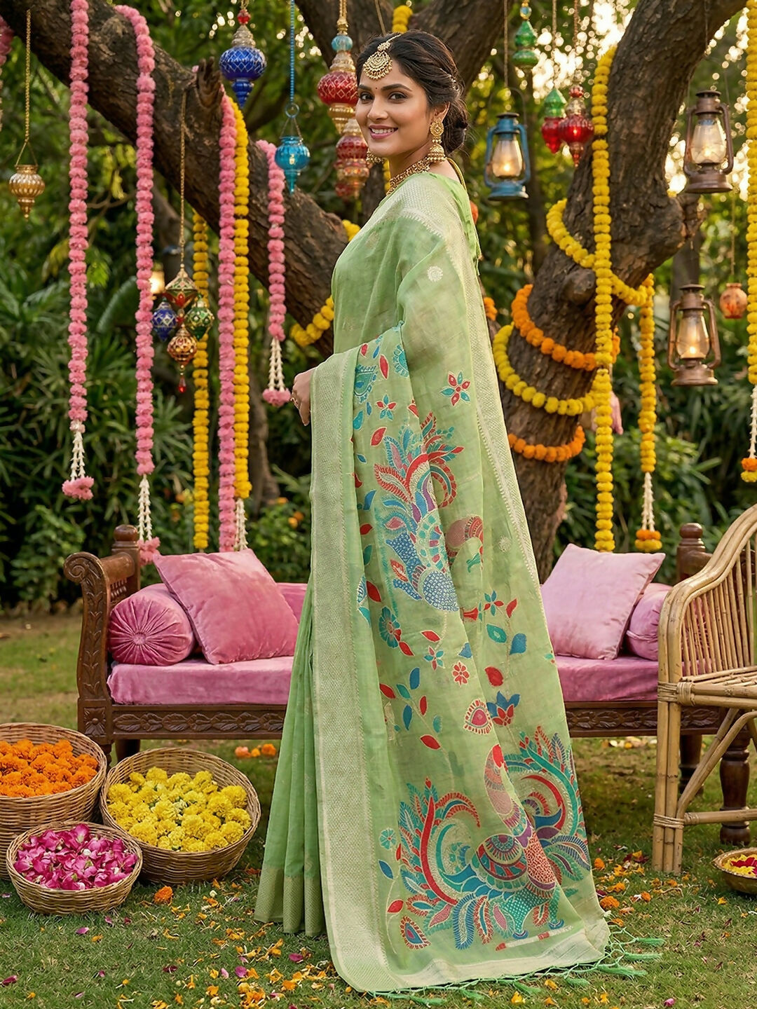 Shree Shyam Fashion Light Green Linen Cotton Saree - Distacart