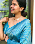 DEIANA'S Beautiful Designer Golden zari Soft Lichi Silk Saree - Sky