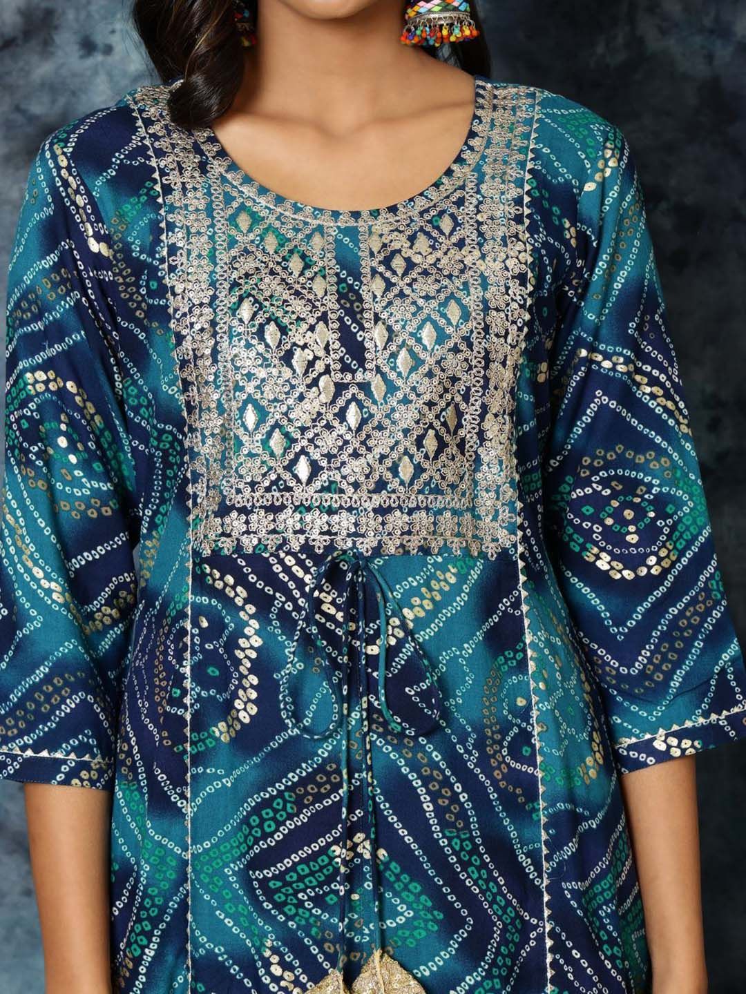 Sangria Bandhani Print & Embroidered Kurta Palazzo & Dupatta Set