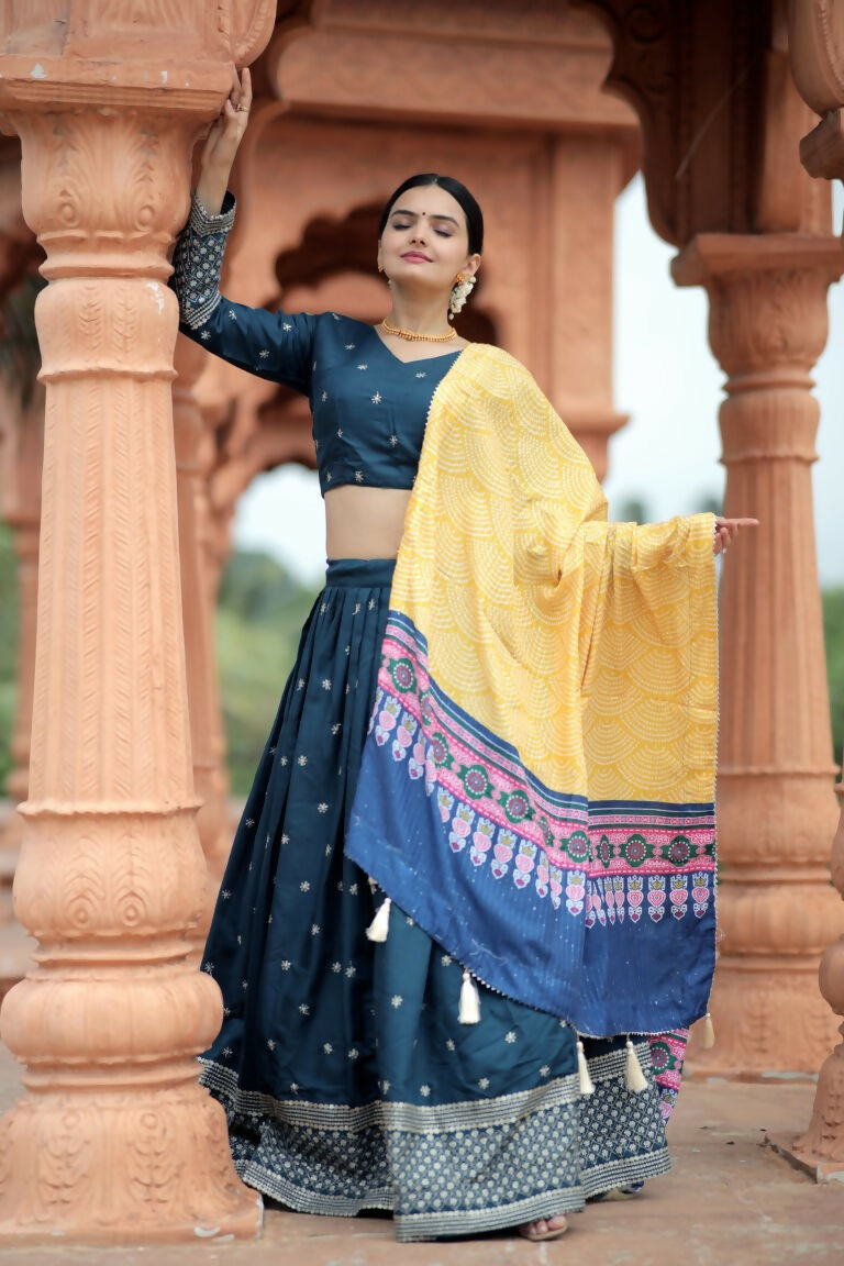 Vastranavya Navaratri Collection Myra Silk Lehenga & Blouse With Maslin Crochet Printed Dupatta Set - Turquoise