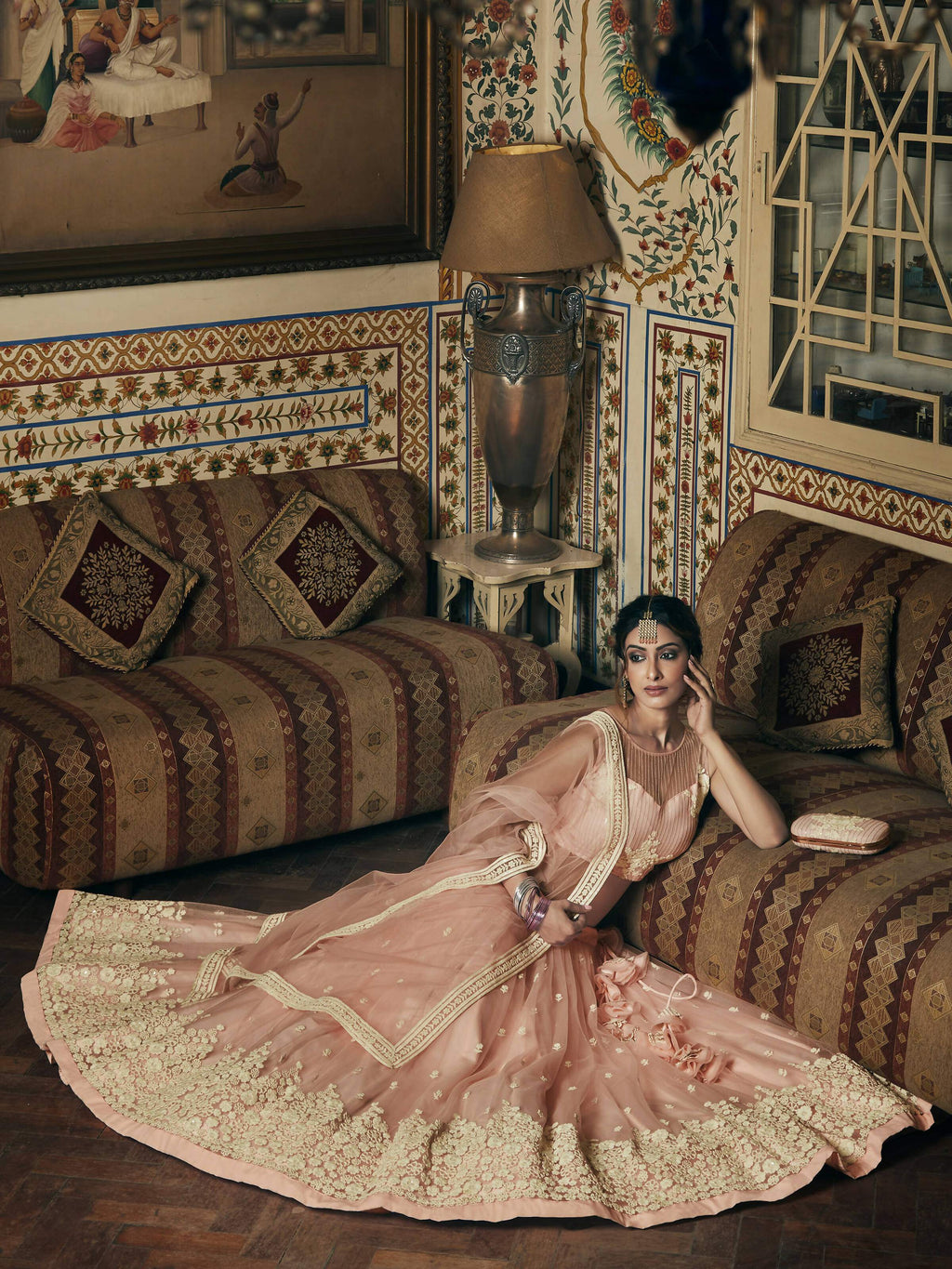 Wedding Designer Sequene Zari Resham Embroidery Peach Net Lahengha Choli - Anbazaar - Distacart