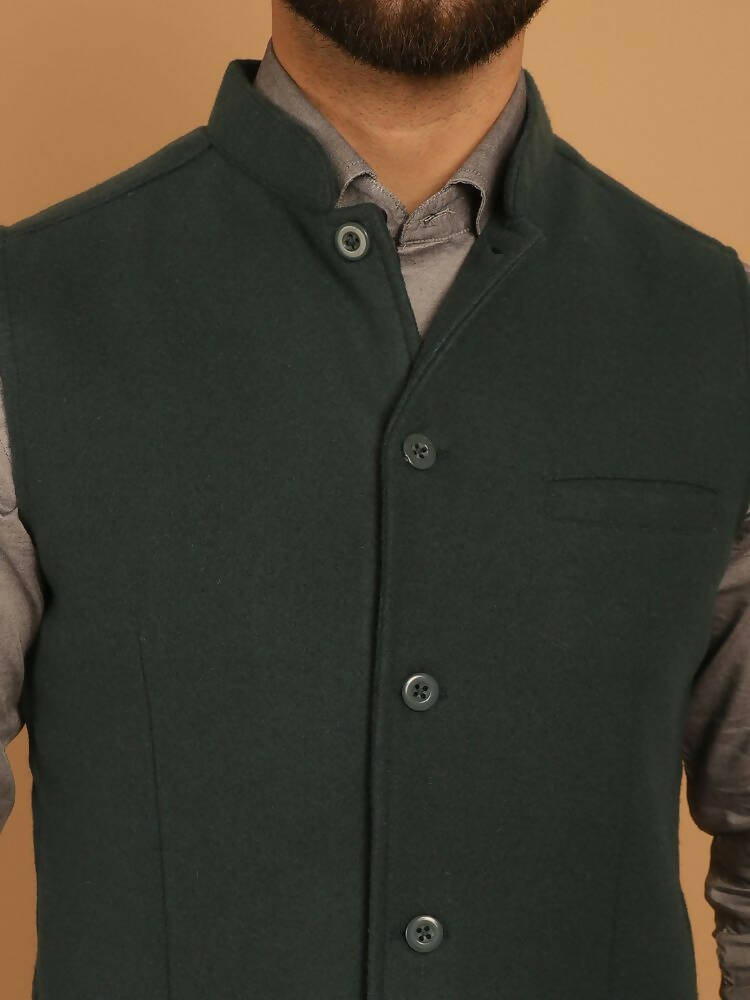 Even Apparels Pure Wool Nehru Jacket - Green