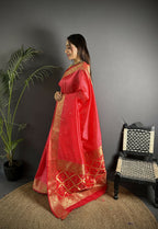 Joban Fashion Red Banarasi Cotton Silk Woven Saree - Distacart