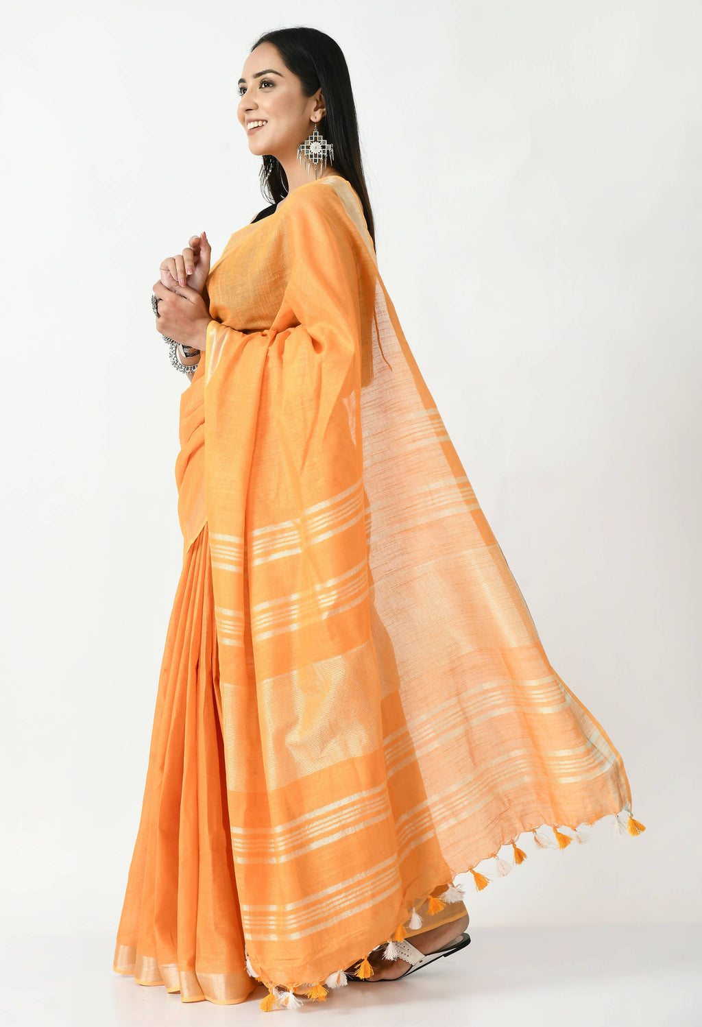 Mominos Fashion Moeza Orange Bhagalpuri Handloom Silk Linen Saree with unstitched Blouse piece - Distacart