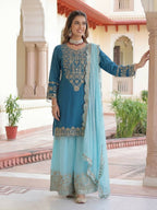 Joban Fashion Blue Silk Embroidered Sharara Set - Distacart