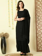 Myshka Women's Black Georgette Kurta & Skirt With Dupatta Party Sets
