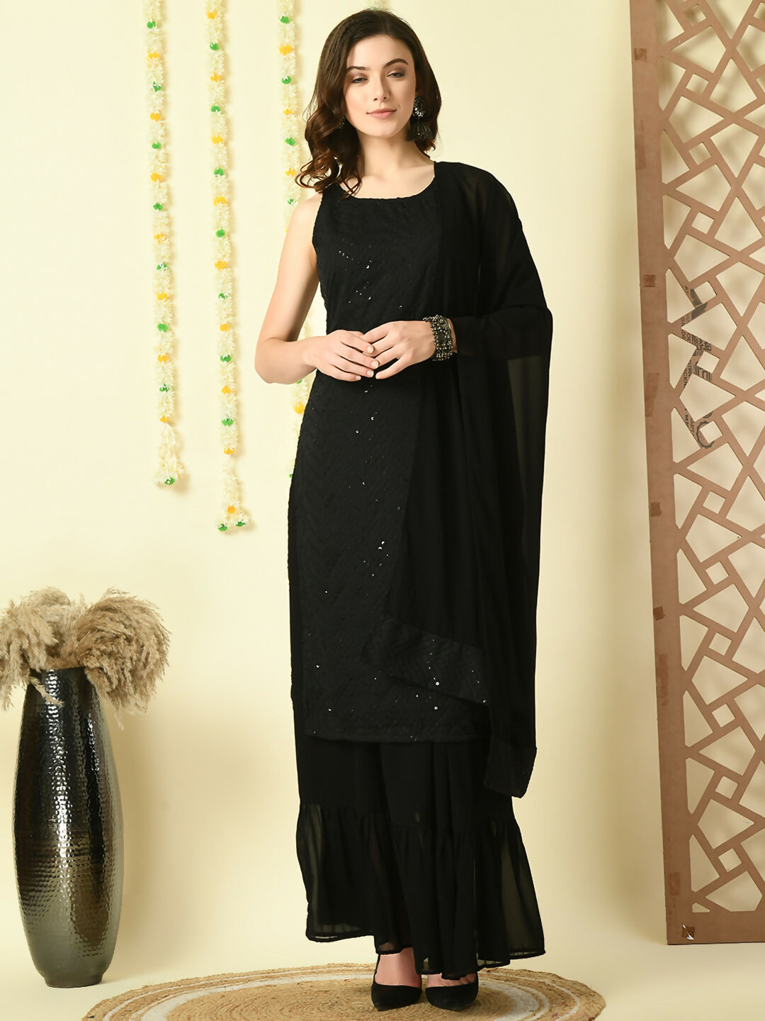 Myshka Women's Black Georgette Kurta & Skirt With Dupatta Party Sets