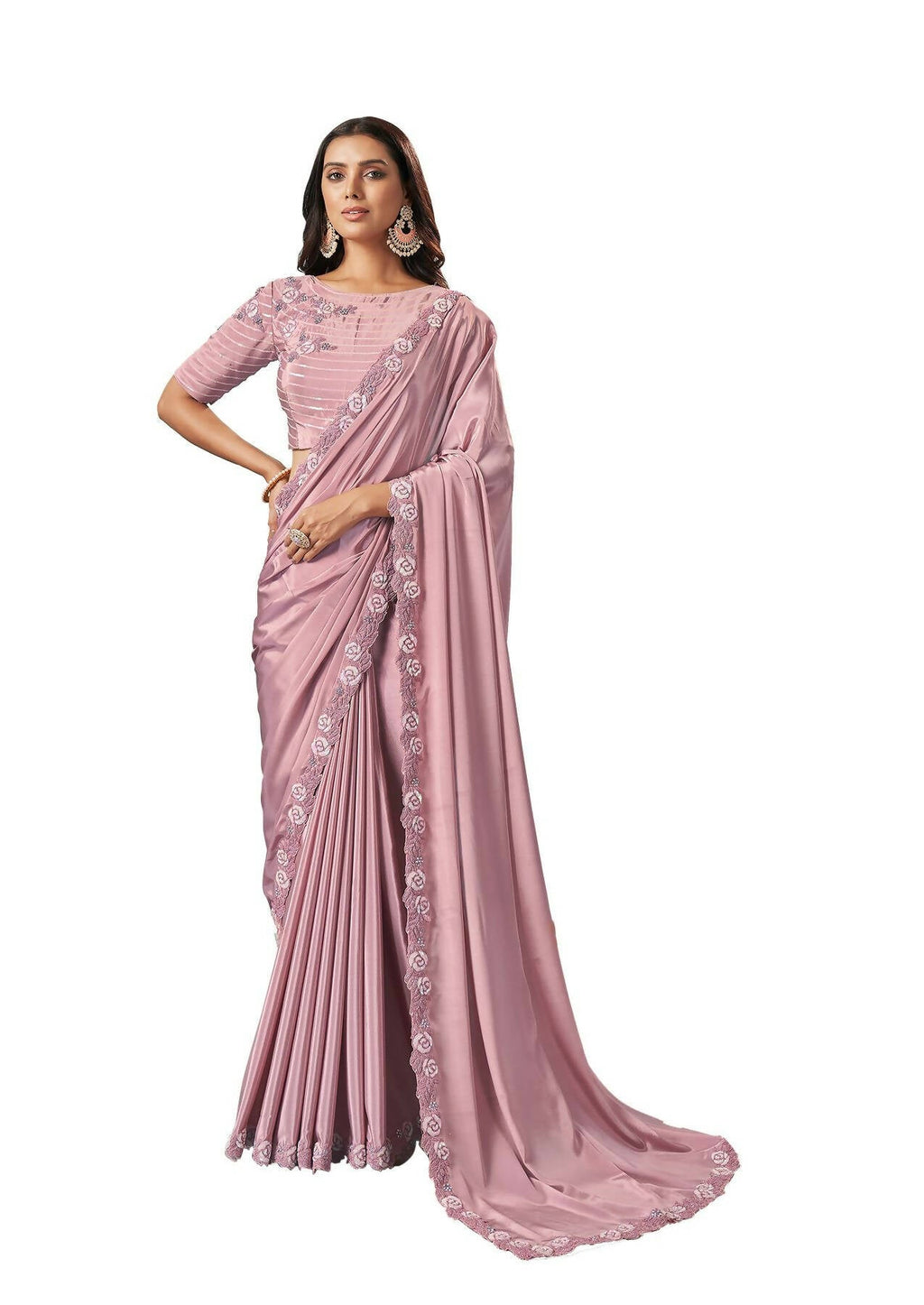 Pink Silk crepe Solid Saree With Unstitched Blouse Piece - Norita Ikshita