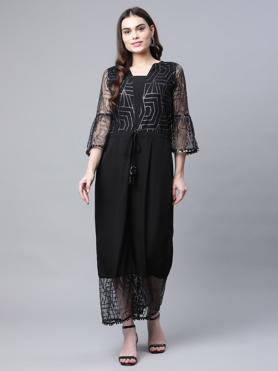 Ahalyaa Womens Crepe & Net Black Printed Jumpsuit - Distacart