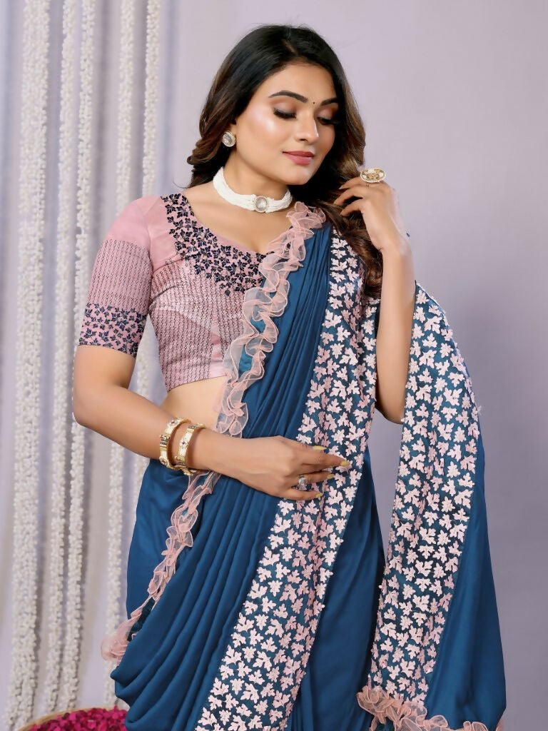 Teal Blue Silk Georgette Laser Cut Embroidery Wired Frills Saree - Norita Saumya