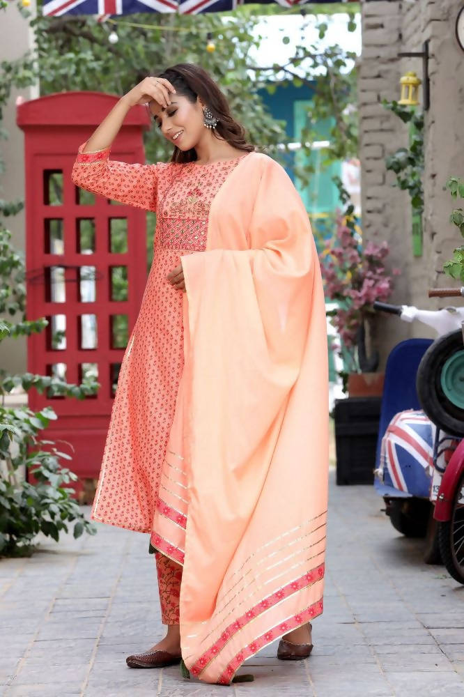 Yufta Women Peach Floral Mirror Work Pure Cotton Kurta with Trouser and Dupatta