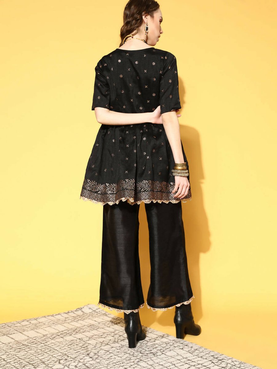 Ahalyaa Women Black Colour Poly Silk Copper Printed Top Palazzo Set - Distacart