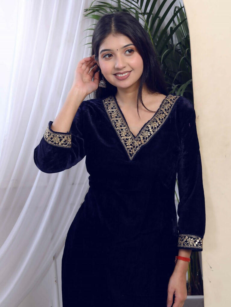 Miravan Women's Blue Velvet Embroidered/Sequence Work Straight Kurta with Palazzo