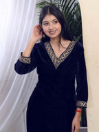 Miravan Women's Blue Velvet Embroidered/Sequence Work Straight Kurta with Palazzo