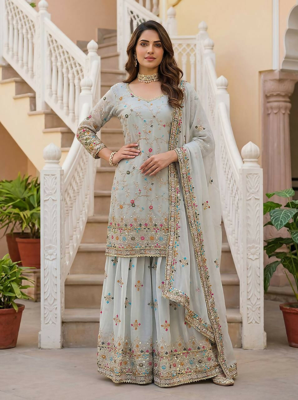 Teeya Creation Grey Faux Georgette Multi Thread Work Wedding Wear Sharara Set