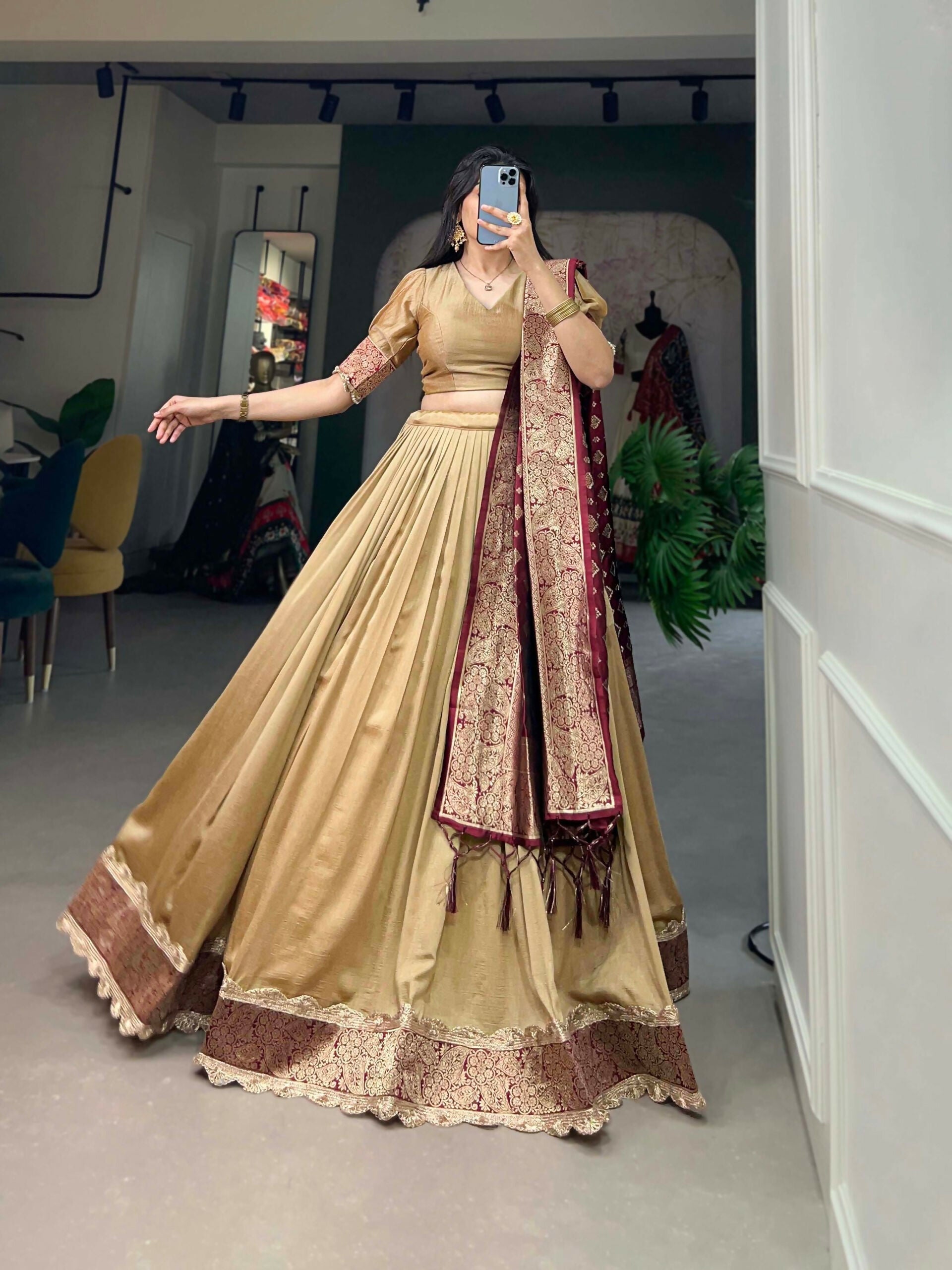 Vastranavya Traditional Jacquard Vichitra Silk Lehenga Choli - Chiku