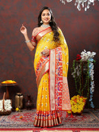 Lorenvalley Fashion Yellow Organza Silk Woven Design with Meenakari Weaving Saree