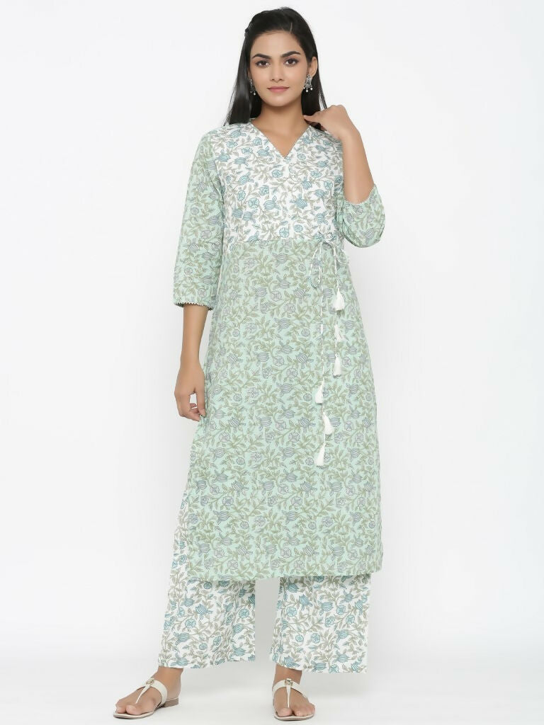 Miravan Women's Floral Jaipuri Cotton Kurta Palazzo With Tassel Set