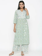 Miravan Women's Floral Jaipuri Cotton Kurta Palazzo With Tassel Set