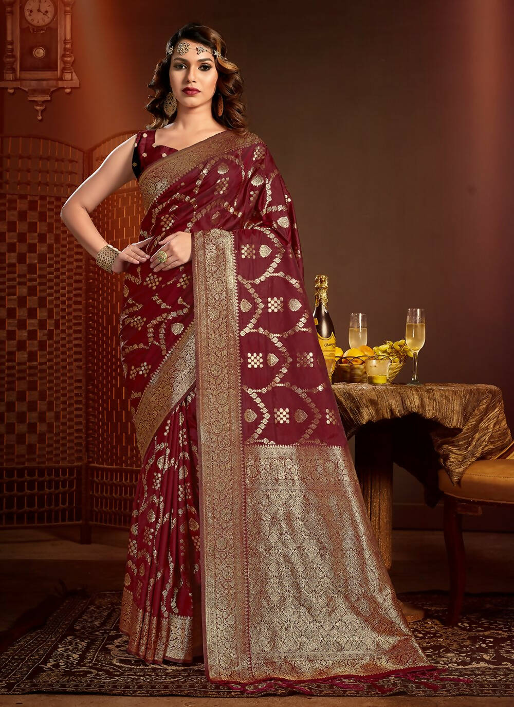 Maroon Silk Ethnic Motif Woven Design Saree with Unstitched Blouse Piece - Aachal