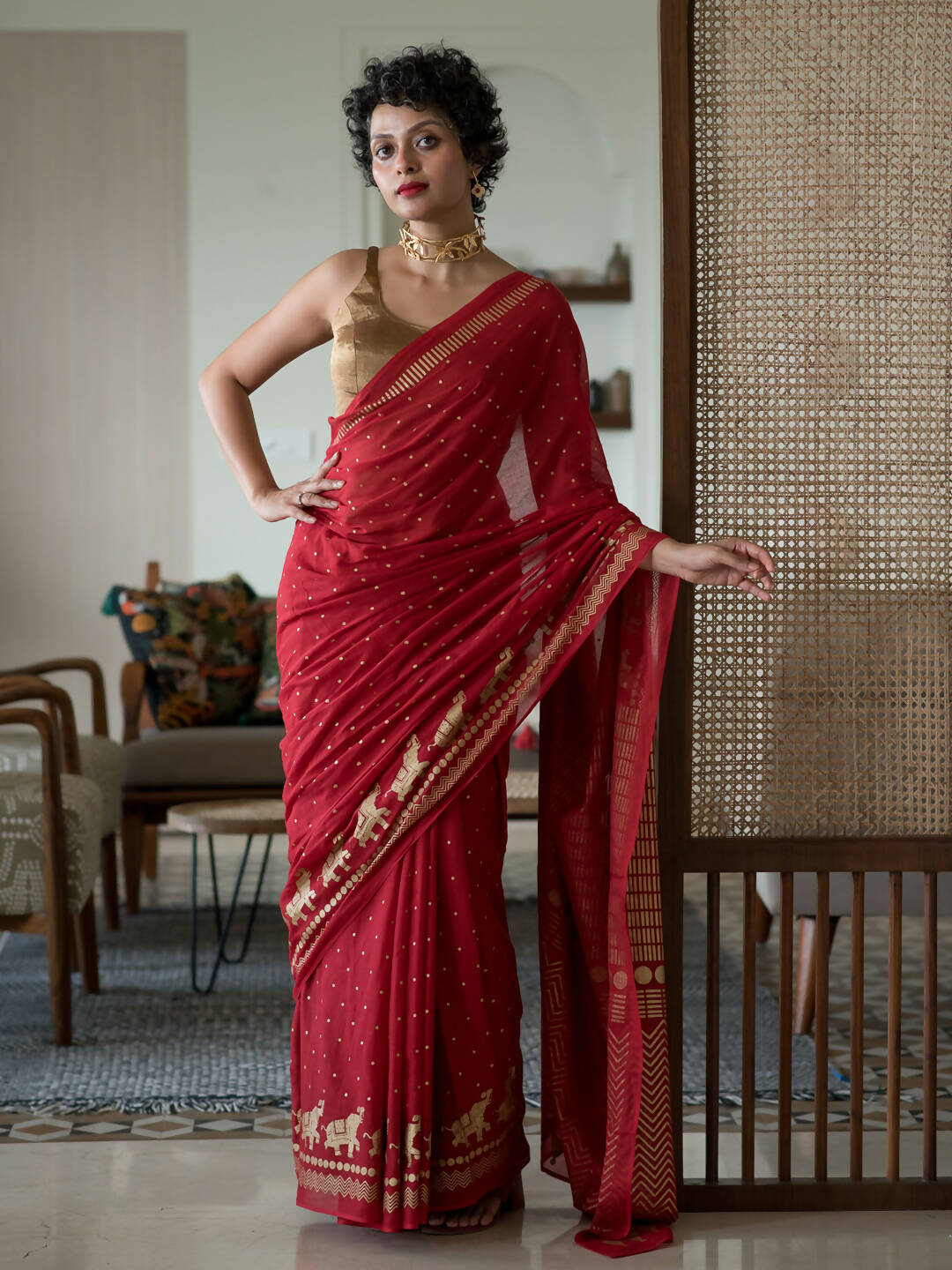 Suta Red Polka Dots Cotton Blend Saree - Distacart